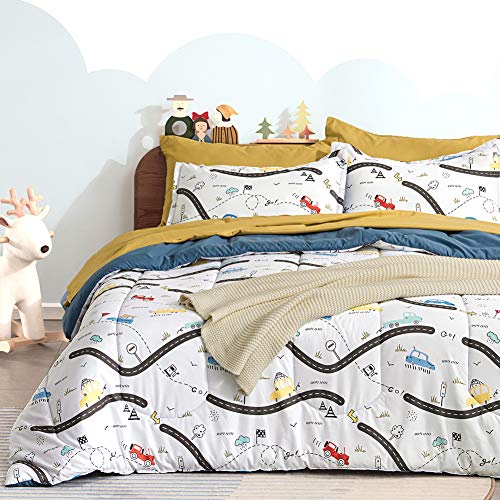 SLEEP ZONE Kids Bedding Comforter Set Full/Queen Size - Super Cute & Soft Kids Bedding 7 Pieces Set with Comforter, Sheet, Pillowcase & Sham (Car Road)