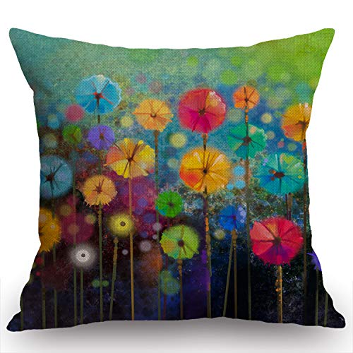 Swono Abstract Floral Watercolor Painting Throw Pillow Cover Colorful Spring Petal Flowers Farmhouse Cushion Case for Sofa Couch 18x18 Inches Cotton Linen