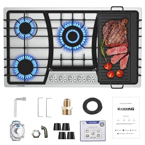 36 Inch Gas Cooktop with Griddle, Gas Stove Top with 5, Reversible Cast Iron Grill/Griddle, NG/LPG Convertible, with Thermocouple Protection, Stainless Steel