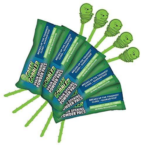 Green Gobbler Drain Clog Remover Powder PAC'S | 5 Drain Opening Pacs & 5 Hair Drain Snake Tools | Best Drain Cleaner and Clog Remover