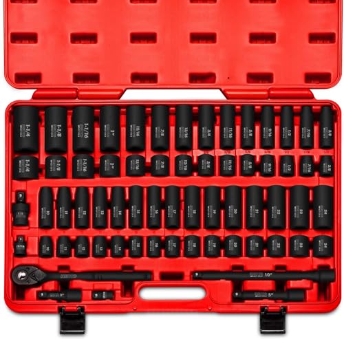 NEIKO 02448A 1/2' Drive Master Impact Socket Set, 65 Piece, Standard SAE (3/8'-1-1/4') & Metric (10-24 mm) Sizes, Deep & Shallow Kit, Includes Adapters & Ratchet Handle