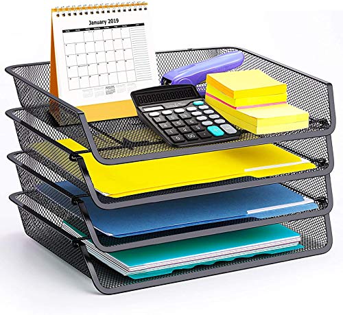 4 Pack - Simple Trending Stackable Office Desk Supplies Organizer, Desktop File Document Letter Tray Holder Organizer, Black