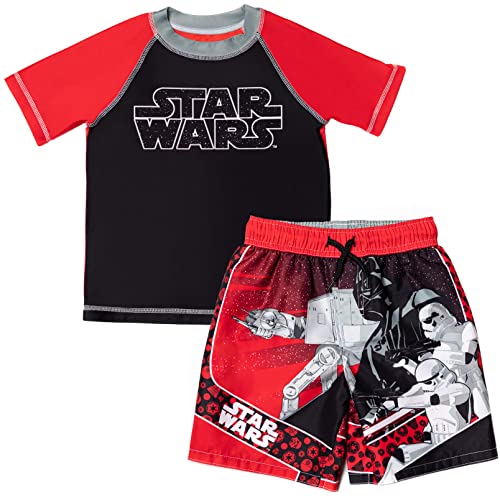 STAR WARS Darth Vader Stormtrooper Big Boys Swim Rash Guard Swim Trunks Black/Red 10-12