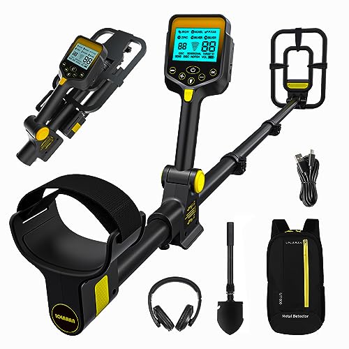 LOLARAN Metal Detector for Adults Professional, Rechargeable Lithium Battery Powered,Wireless Adjustable Retractable Foldable Metal Detector Waterproof High Accuracy Gold Detector, Backlit LCD Display