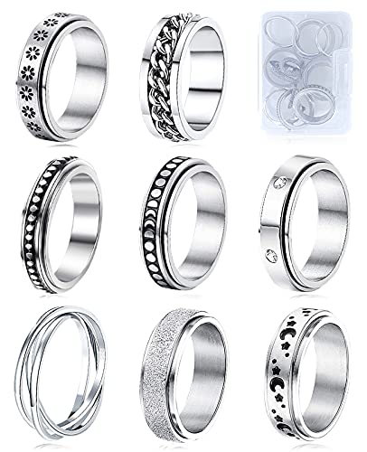 MUCAL Fidget Rings for Anxiety 8pcs Stainless Steel Spinner Ring Anti Anxiety Ring Spinning Moon Star Cool Stress Relieveing Rings for Women Men