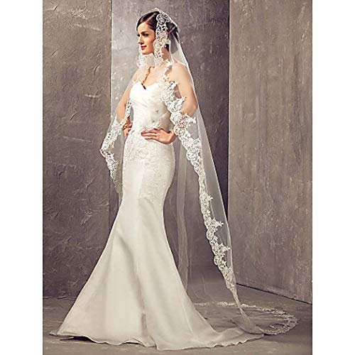 Aukmla Wedding Bridal Veils Ivory Beautiful Long Veil with Lace and Metal Comb at the Edge Cathedral Length (Ivory)