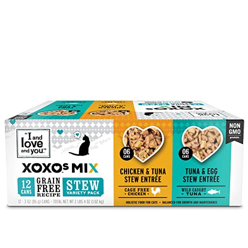 'I and love and you' XOXOs Canned Wet Cat Food, Chicken and Tuna/Tuna and Egg Stew, Grain Free, Real Meat, No Fillers, 3 oz Cans, Pack of 12 Cans