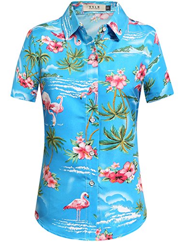 SSLR Hawaiian Shirts for Women Flamingo Shirt Tropical Shirts for Women Summer Casual Short Sleeve (Small, Blue)