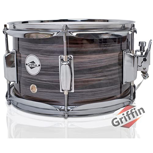 Popcorn Snare Drum by GRIFFIN | Firecracker Acoustic 10' x 6' Poplar Shell with Zebra Wood PVC | Soprano Mini Concert Marching Percussion Musical Instrument with Snare Throw Off, Drummers Key & Head
