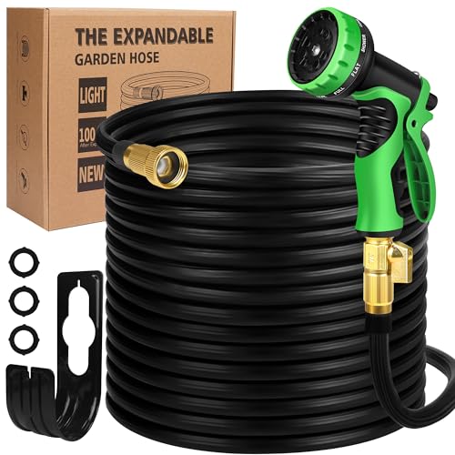 Wabolay Expandable Garden Hose 100ft Water Hose Flexible Durable 50 Layers Nano Rubber No Kink Lightweight Flex Expanding Long Hoses-3/4’’ Solid Brass Fittings-10 Way Nozzle Collapsible Outdoor Pipe