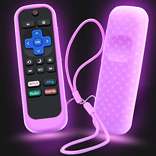 Case for Roku Remote, Cover for Hisense / TCL Roku TV Steaming Stick / Express Universal Replacement Controller Silicone Sleeve Skin with Lanyard Glow in The Dark Purple