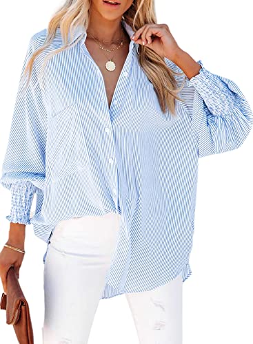 Women's Smocked Cuffed Striped Boyfriend Shirt with Pocket Casual Collar Long Sleeve Blouse Tops for Pocket Shirred Blue