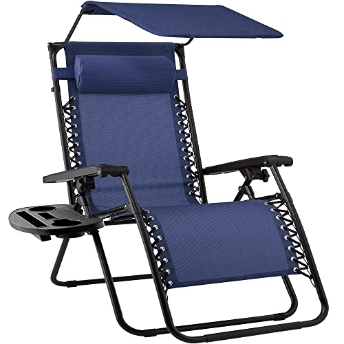 Best Choice Products Folding Zero Gravity Outdoor Recliner Patio Lounge Chair w/Adjustable Canopy Shade, Headrest, Side Accessory Tray, Textilene Mesh - Navy Blue
