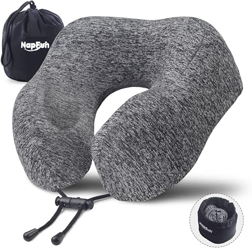 napfun Travel Pillow for Airplane, Premium Memory Foam Neck Pillow for Flight Headrest Sleep, Portable Plane Accessories, Deep Gray