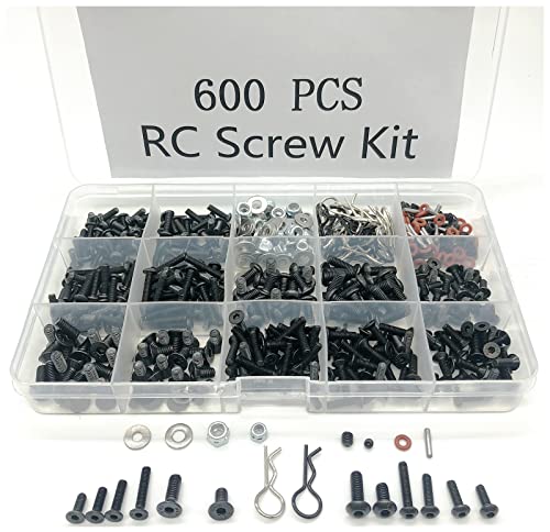 600pcs Universal RC Screw Kit Screws Assortment Set, Hardware Fasteners for Traxxas Axial Redcat HPI Arrma SCX10 Losi 1/8 1/10 1/12 1/16 Scale RC Cars Trucks Crawler (600pcs RC Screws)