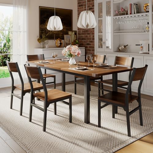 iPormis 7-Piece Dining Table & Chairs Set for 4-8, 63' Extendable Kitchen Table and 6 Chairs, Dining Room Table with MDF Board & Metal Frame, Perfect for Small Space, Easy Clean, Walnut