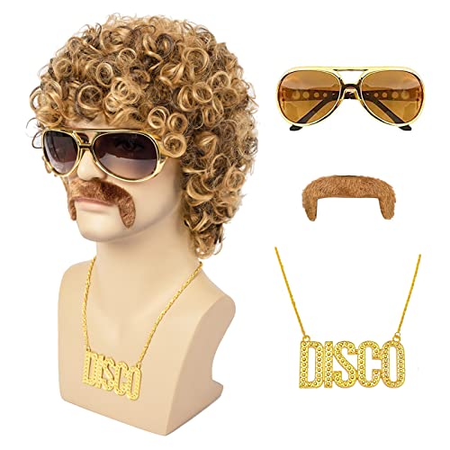 TUOFLY Disco Wig 5Pcs Set (Wig+ Glasses+ Necklace+ Mustache+ Wig Cap) 70'S Costumes Wig Afro Wig Men Short Curly Natural Fluffy Synthetic hair Wig for Halloween Disco Party