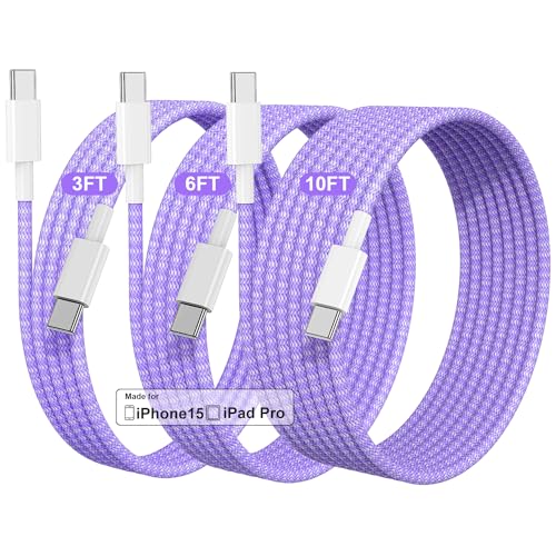 Cabepow for Apple USB C Cable iPhone 15 Charger Cord 3/6/10ft 3Pack,Braided Type C Fast Charging Cable for iPhone 15/Por Max/Por/Plus,MacBook Air/Pro,iPad Pro 12.9/11,Samsung Galaxy S23/S22-Purple