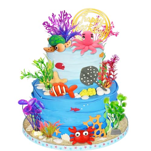 16 PCS Sea Ocean Cake Toppers Under the Sea Ocean Animals Birthday Cake Decorations for Sea Ocean Theme Baby Shower Birthday Party Supplies (Ocean)