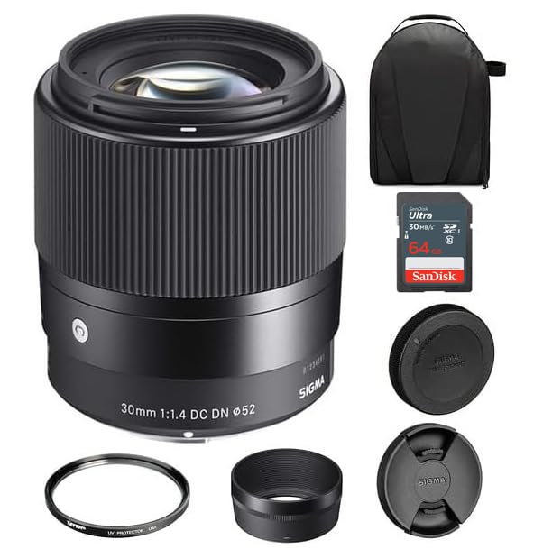 Sigma 30mm f/1.4 DC DN Contemporary Lens for Sony E | Mount Lens/APS-C Format, Rounded 9-Blade Diaphragm, Tiffen 52mm UV Protector Filter, 64GB Ultra SDXC Memory Card, and Waith Camera Bag