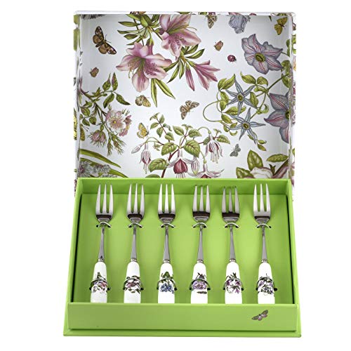 Portmeirion Botanic Garden Pastry Forks | 6 Inch Dessert Forks | Set of 6 Forks with Assorted Floral Motifs | Made from Stainless Steel with Porcelain Handles