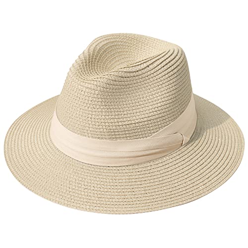 Lanzom Women Wide Brim Straw Panama Roll up Hat Fedora Beach Sun Hat UPF50+ (Z-Beige Ribbon Khaki)