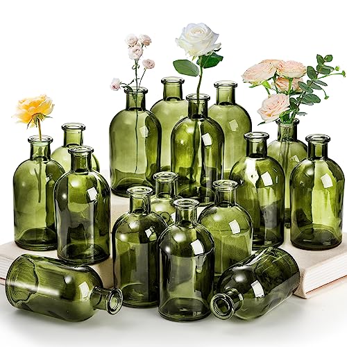 YOUEON 16 Pack Small Living Bud Vases 8 Oz Green Glass Small Vase Decorative Bottles Small Vintage Flower Bottle Centerpiece for Wedding Reception Home Decor Office Vintage Look