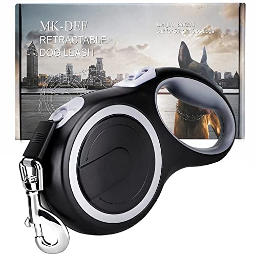 26Ft Retractable Dog Leash, Heavy Duty Great Leash for Dog up to 110 lbs, Anti-Slip Rubberized Handle, One-Handed Brake, Strong Nylon Tape, Tangle Free——MK-DEF
