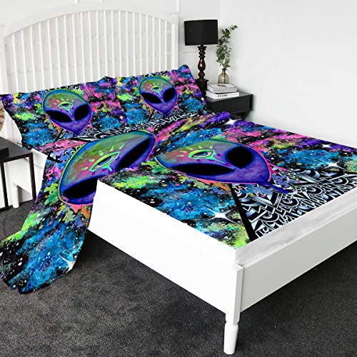 Trippy Alien by Brizbazaar 4 Piece Colorful Alien Bed Sheets Set 3D Psychedelic Space Abstract Art Printed Fitted Sheets 1800 Microfiber Includes 1 Flat Sheet,1 Fitted Sheet,2 Shams (Queen)