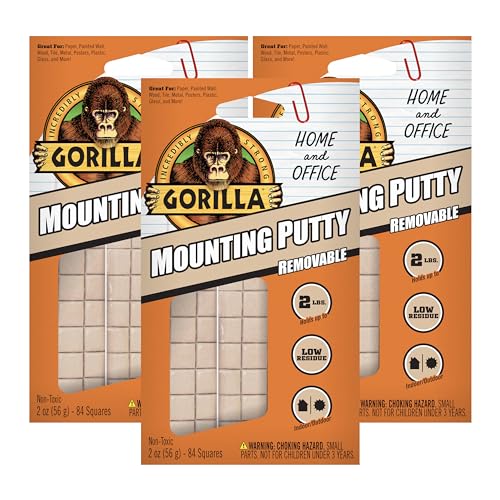 Gorilla Mounting Putty, Non-Toxic Hanging Adhesive, Removeable & Repositionable, 84 Pre-Cut Squares, 3pk - 2oz/56g, Natural Tan Color, (Pack of 3)