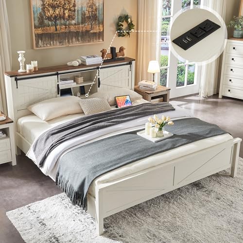 T4TREAM King Size Bed Frame, Farmhouse Rustic Wood Platform Bed with Storage Bookcase Headboard with Sliding Barn Door and Charging Station, No Box Spring Needed, Antique White