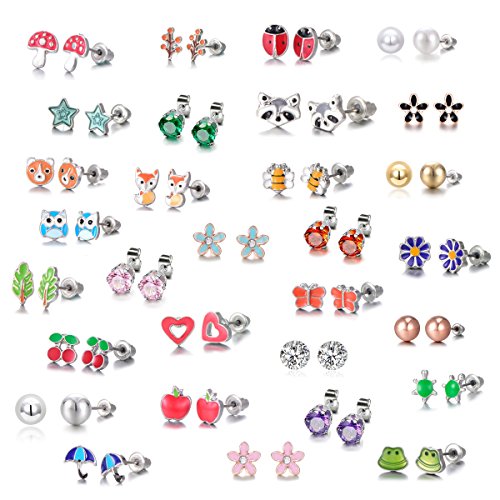 30 Pairs Stainless Steel Mixed Color Cute Animals Fox Heart Star Ladybug Bee Frog Mushroom Tree Daisy Umbrella Rose Gold White Pearl CZ Jewelry Stud Earrings Set (animal tree pearl)