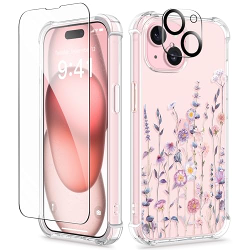 GVIEWIN 3 in 1 Designed for iPhone 15 Plus Case 6.7 Inch, with Screen Protector + Camera Protector Clear Flower [Not-Yellowing] Shockproof Women Slim Phone Cover, 2023 (Floratopia/Colorful)