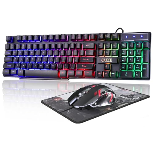 Cakce RGB Gaming Keyboard and Colorful Mouse Combo,USB Wired LED Backlight Gaming Mouse and Keyboard for Laptop PC Computer Gaming and Work,Letter Glow,Mechanical Feeling