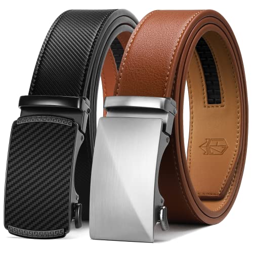 Zitahli Ratchet Belt for Men - Mens belt Leather 2 Packs with 1 3/8' Brown Black Slide Belt in Gift Set Box - Micro Adjustable Men Belt Buckle Fit Everywhere Size 34'-48'