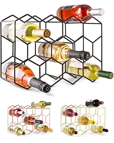 Gusto Nostro Countertop Wine Rack - 14 Bottle Freestanding Modern Black Metal Small - 3 Tier Tabletop Wine Holder Stand for Cabinet, Pantry, Wine Bottle Storage - No Assembly Required