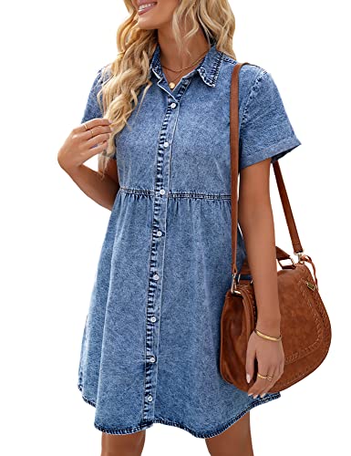 LookbookStore Denim Dress for Women Babydoll Short Sleeve Jean Oversized Lapel Collared Summer Reef Blue Size XL 16 18