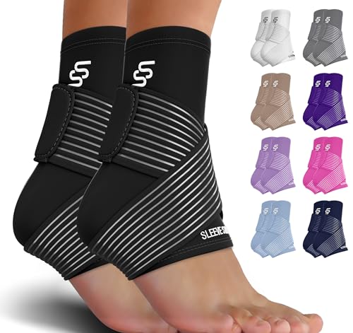 Sleeve Stars Ankle Brace for Sprained Ankle, Plantar Fasciitis Relief Achilles Tendonitis Brace, Ankle Support for Women & Men with Strap, Heel Protector Wrap for Pain & Compression (Pair/Black)