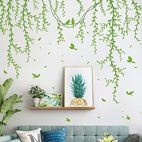 Hanging Willow Branch Wall Stickers DIY Green Vine Leaf Plant Wall Decals Peel and Stick Grass Birds Butterfly Art Mural Decortions for Kids Baby Girls Nursery Bedroom Living Room Offices Classroom (Green)