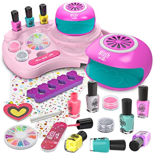 Amagoing Nail Polish Kit for Girl Ages 6-12, Kids Nail Art Salon Set with Nail Dryer, Peelable Glitter Nail Polish, Storage Desk, Makeup Manicures Decoration Studio Gifts for Birthday Spa Party Favors
