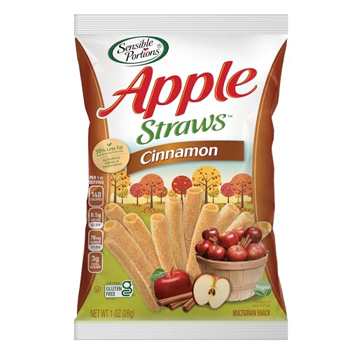 Sensible Portions Apple Straws, Cinnamon Flavor, Gluten-Free Chips, Individual Snacks, 1 Ounce Bag, (Pack of 24)