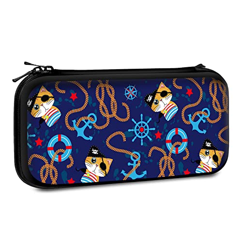 Carrying Case Compatible with Switch 2017 / Switch OLED 2021 Console Joy-Con with 10 Game Card Slots , Nautical pattern with cute pirate cat, steering wheel and anchor