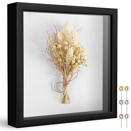 Califortree 8x8 Shadow Box Frame with Soft Linen Back - Push Pins Included, Memory Box Display Case for Flower, Tickets and 3D Items, Black
