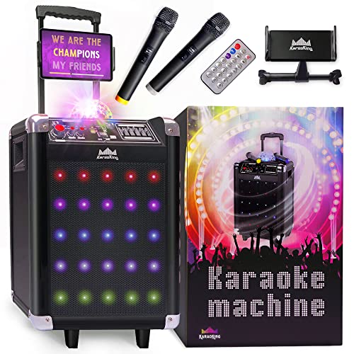 KaraoKing Karaoke Machine - Portable PA System with Wireless Mics, Subwoofer, Lights, Phone/Tablet Holder, Remote - For Adults & Kids
