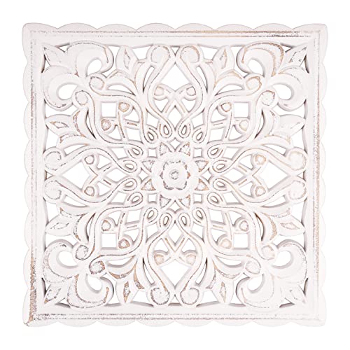 Wall Décor Art, Carved Wooden Wall Panel Hanging Decor, Decorative Carved Floral-Patterned Distressed White MDF Wall Panel for iving Room Bedroom, 12' x 12'