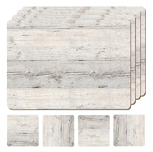 Moderry Set of 4 Heat Resistant Cork Placemats for Dining Table with Free Set of 4 Matching Drink Coasters Cork Wood Design Print 16 x 12 Inches Cork Backed Hard Placemats (White Driftwood)