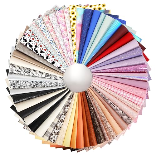 LOTOFUN 30 Pieces Random Colors Faux Leather Sheets 8X 6Inch Multiple Styles Mixed Glitter Grain Texture Embossed Pattern Printed Colored Leather for Earrings Making Hair Bow and Crafts DIY