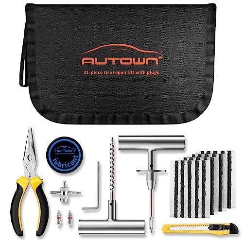 AUTOWN Flat Tire Repair Kit with Plugs 31 Pcs for Car, Motorcycle, ATV, Jeep, Truck, Tractor Flat Tire Puncture Repair…