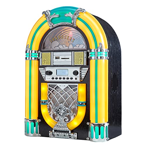 Arkrocket Athena Mini Jukebox/Tabletop CD Player/Bluetooth Speaker/Radio/USB and SD Card Player with Retro LED Lighting System (Yellow Green)