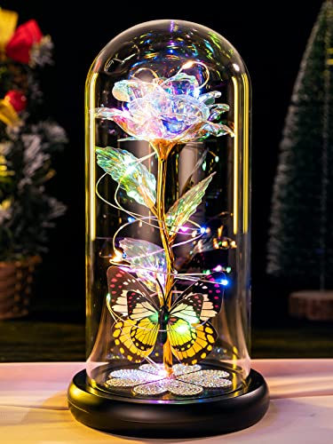 Pusuny Gifts for Women Birthday Gifts for Women, Galaxy Glass Rose Forever Eternal Crystal Flower Light Up Rose in Glass Dome with Butterfly for Women Her Mom Wife Friend Colorful